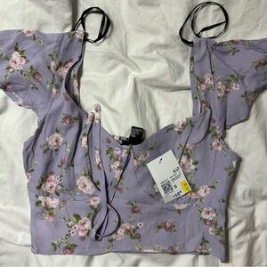 Forever 21 Lavender Floral Tie-Front Crop Top